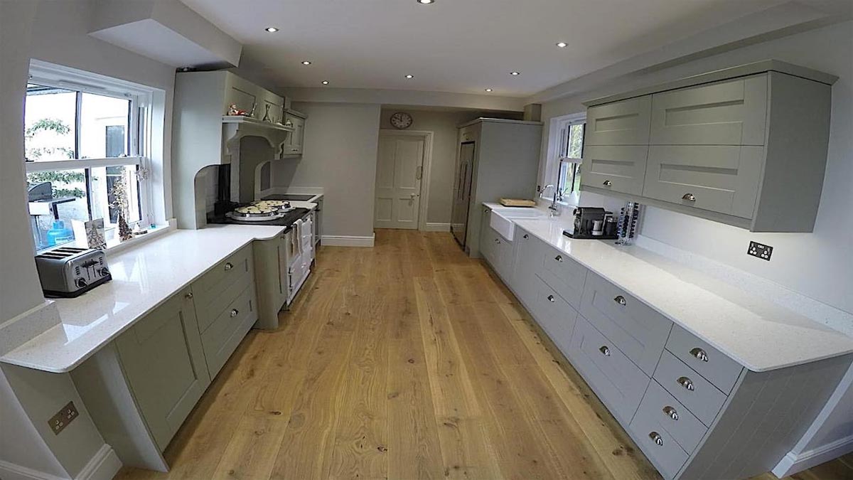 grey kitchen cupboards with aga and coffee machine