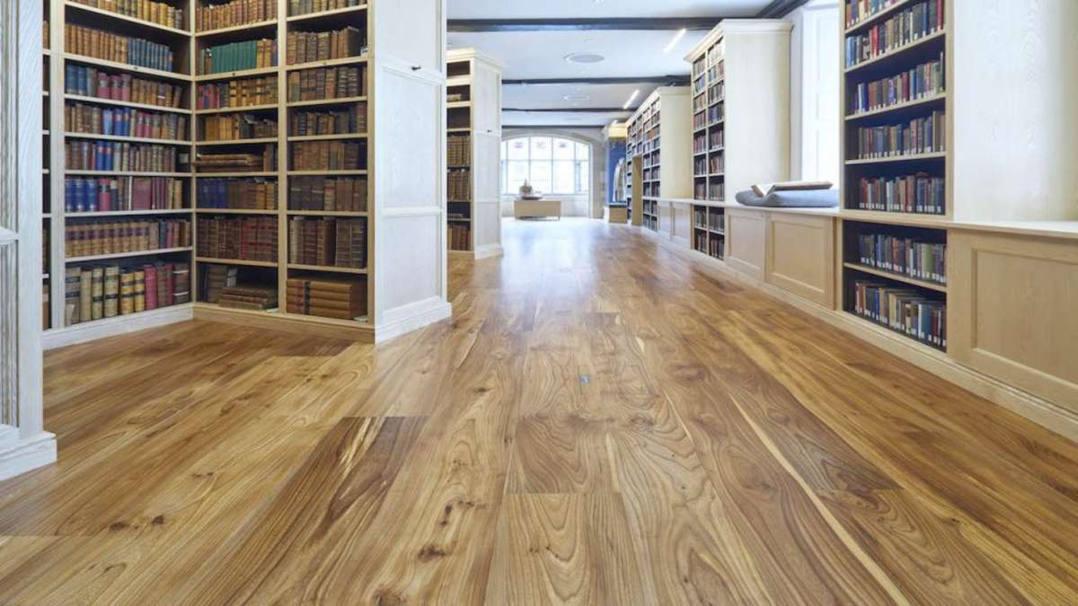 Library with elm flooring a shelves full of old books