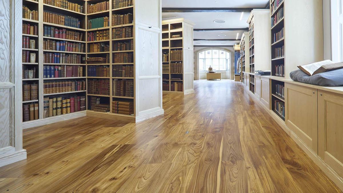 view of book filled library leading to a window and solid elm flooring