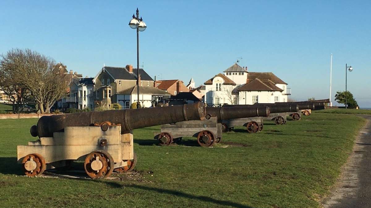 Solid oak gun carriages and cannons on top of Gun Hill Southwold