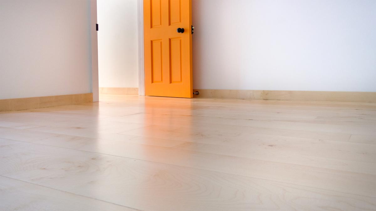 pale wood flooring in room with open orange door and white walls