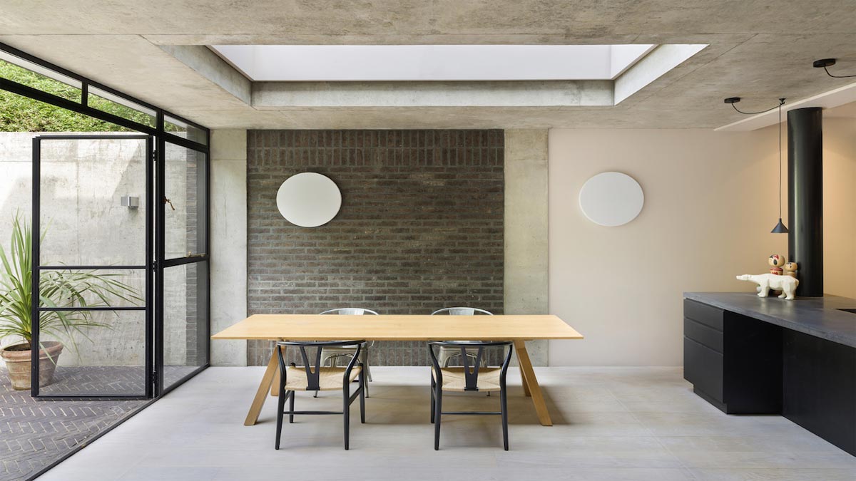 kitchen with concrete roof and rectangle dining table and four chairs